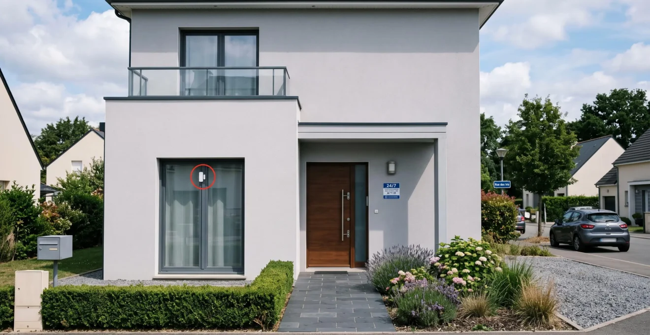 Façade d'une maison contemporaine française équipée d'un système de télésurveillance visible : détecteur d'ouverture sur fenêtre et panneau de signalisation près de l'entrée