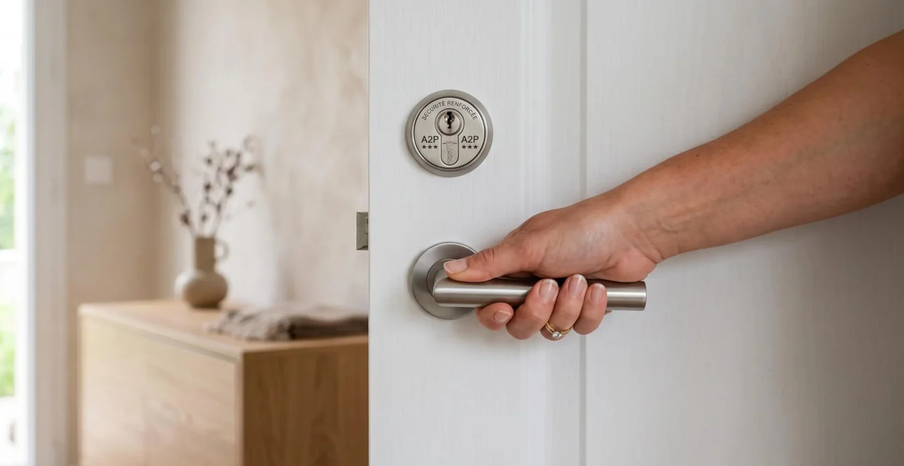 Main de femme vérifiant la fermeture d'une porte d'entrée blanche équipée d'une poignée inox et d'un cylindre de serrure haute sécurité A2P