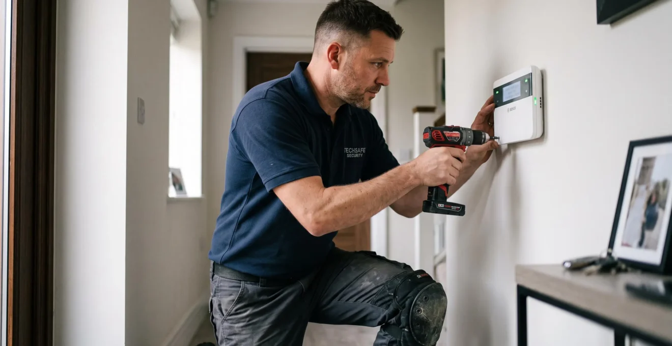 Technicien professionnel installant une centrale d'alarme blanche sur un mur intérieur d'un logement moderne avec visseuse sans fil